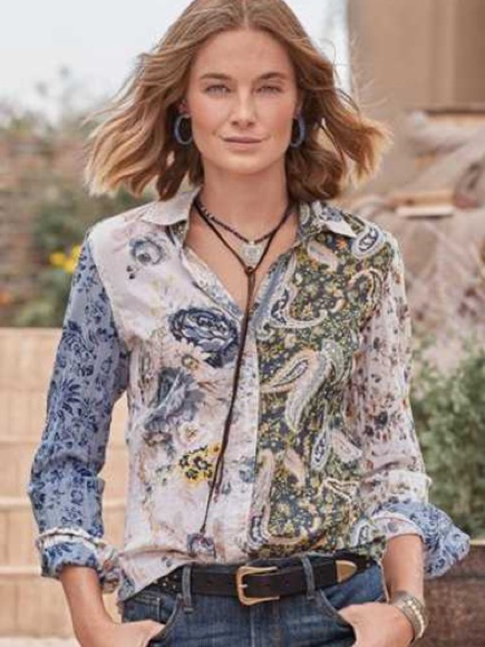 CIno Mixed Print Button Down Blouse Floral Paisley Boho 100% Cotton Shirt Small